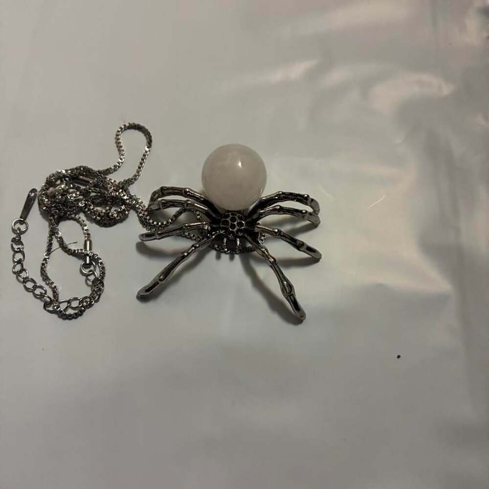 Spider Pendant Necklace Silver Tone White Gemstone Alternative Goth